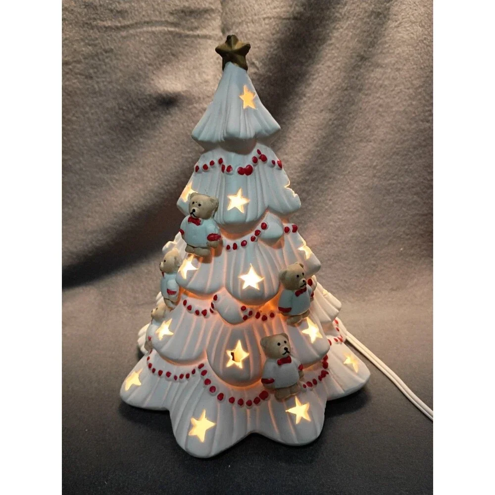 Vintage White Porcelain Lighted Christmas Tree Teddy Bears 9